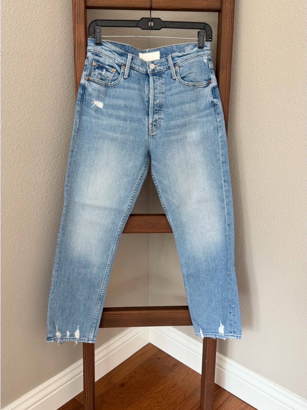 MOTHER Light Blue Cropped Straight Jeans. The Tomcat, distressed - Picture 2 of 6